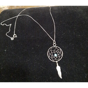 Sterling Silver 925 Turquoise Dream Catcher Southwestern Pendant & Chain 17"